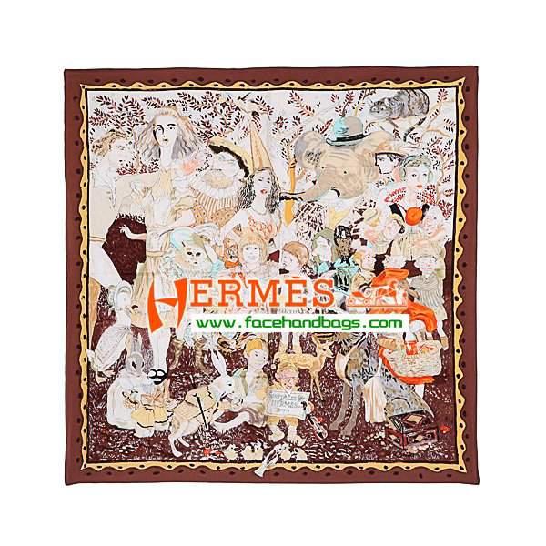 Hermes 100% Silk Square Scarf coffee HESISS 87 x 87 - Click Image to Close